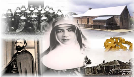 Collage of historical images including religious sisters in group portraits, a central portrait of a religious sister, early stone school buildings, a religious cross, and archival photographs.